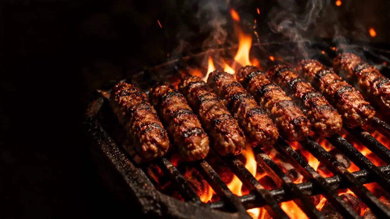 Cevapcici auf dem Rost eines Grills, darunter Glut